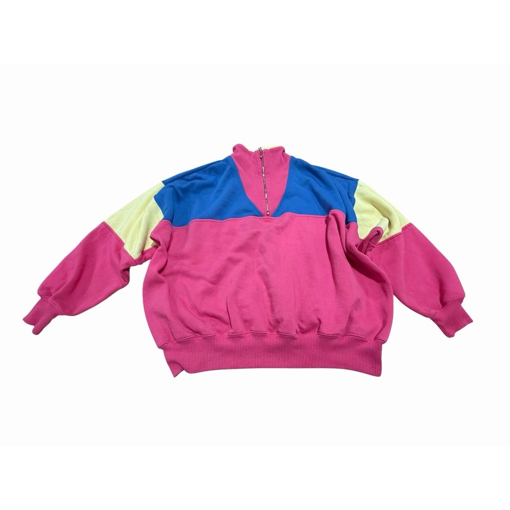 80's Pink Purple Yellow Color block Fleece 1/4 Zip Pullover Jacket Retro Party